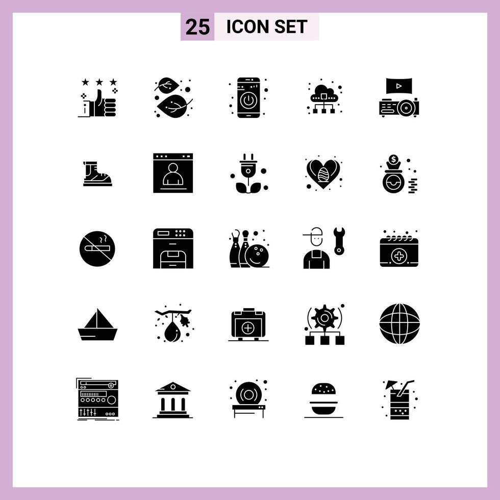 Pack of 25 Modern Solid Glyphs Signs and Symbols for Web Print Media such as data traffic data nature cloud turn off Editable Vector Design Elements