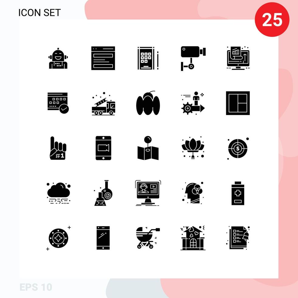 Pictogram Set of 25 Simple Solid Glyphs of wall security interface device notes Editable Vector Design Elements