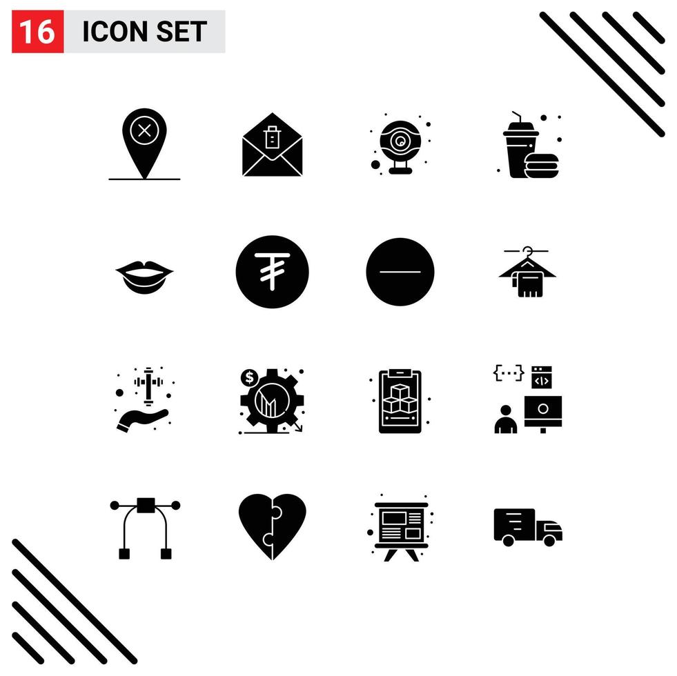 Mobile Interface Solid Glyph Set of 16 Pictograms of mongolia tugrik webcam girl food Editable Vector Design Elements