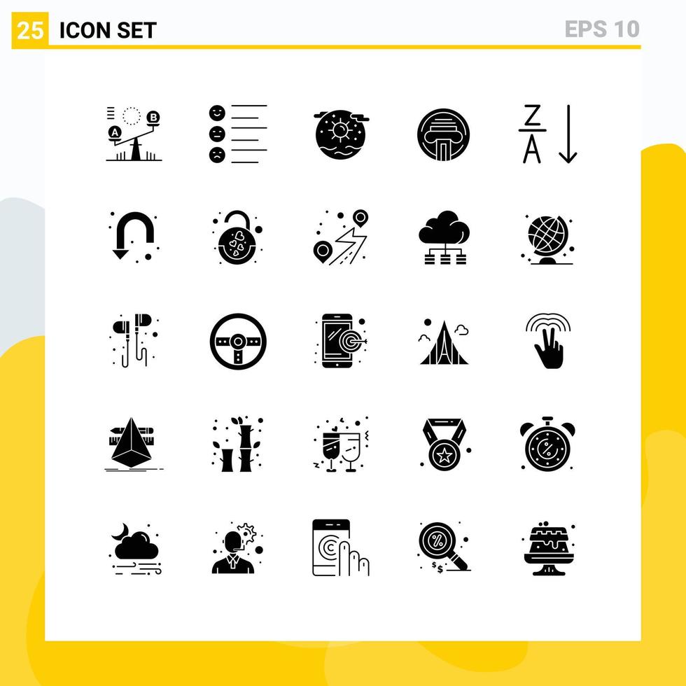 25 Universal Solid Glyph Signs Symbols of alphabetical typewriter earth type sun Editable Vector Design Elements