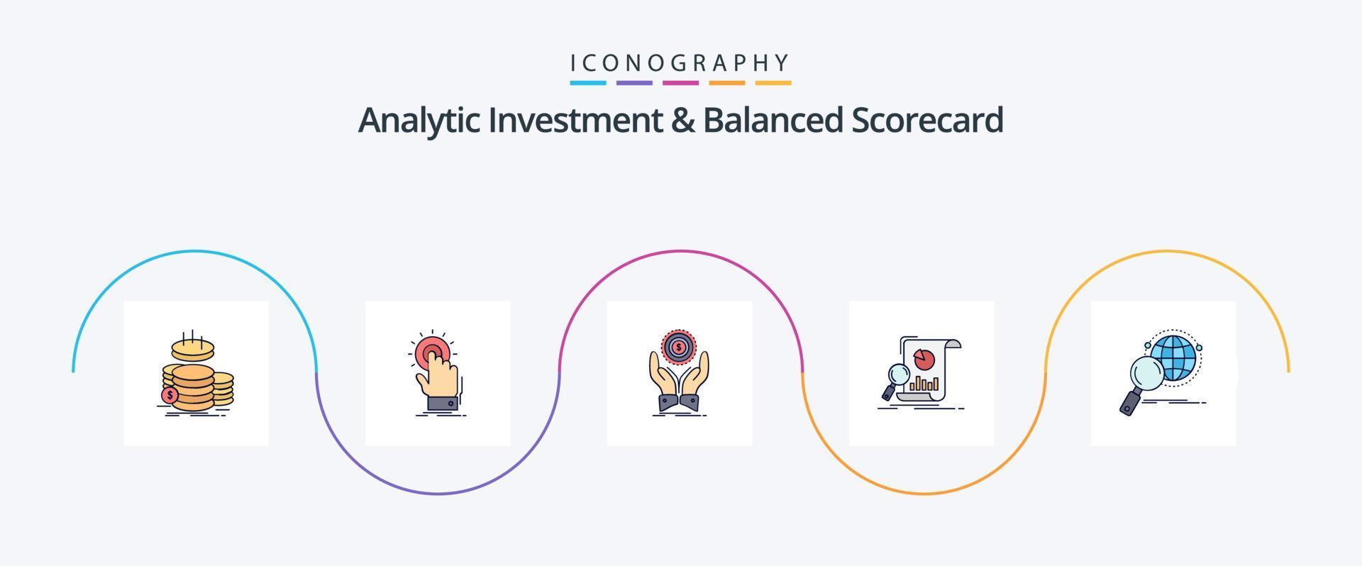 Analytic Investment And Balanced Scorecard Line Filled Flat 5 Icon Pack Including business. analysis. on. income. stack vector