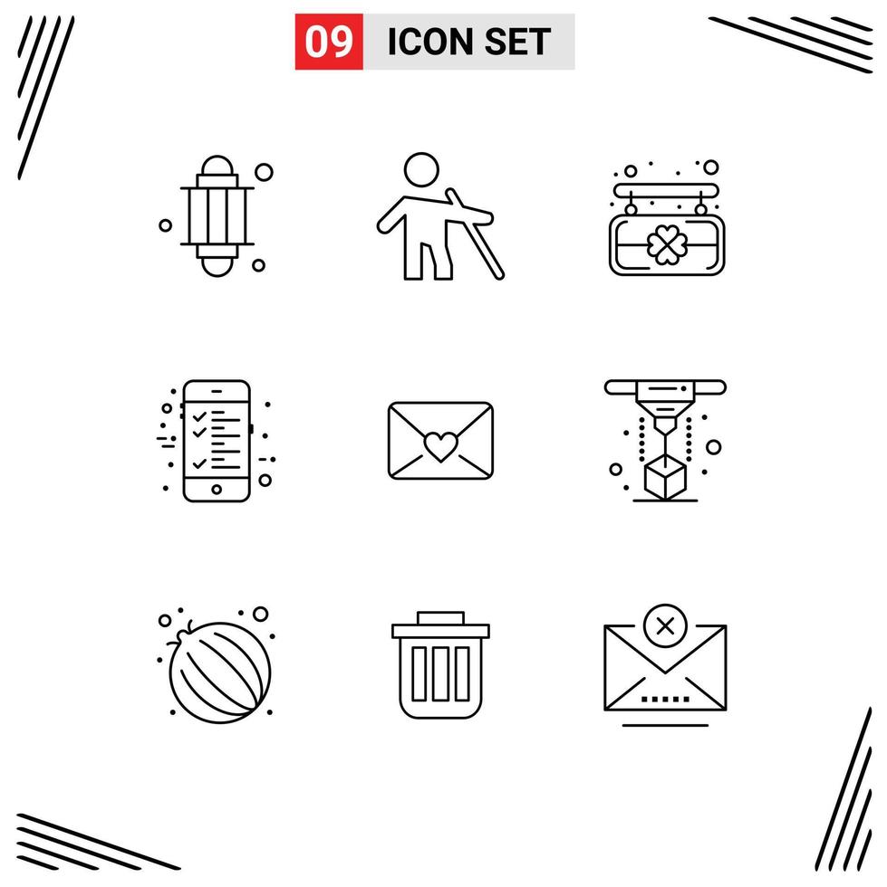 Set of 9 Modern UI Icons Symbols Signs for modeling love board mail calculation Editable Vector Design Elements