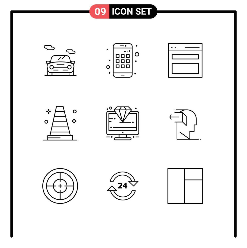 Group of 9 Modern Outlines Set for premium jewel interface diamond tools Editable Vector Design Elements