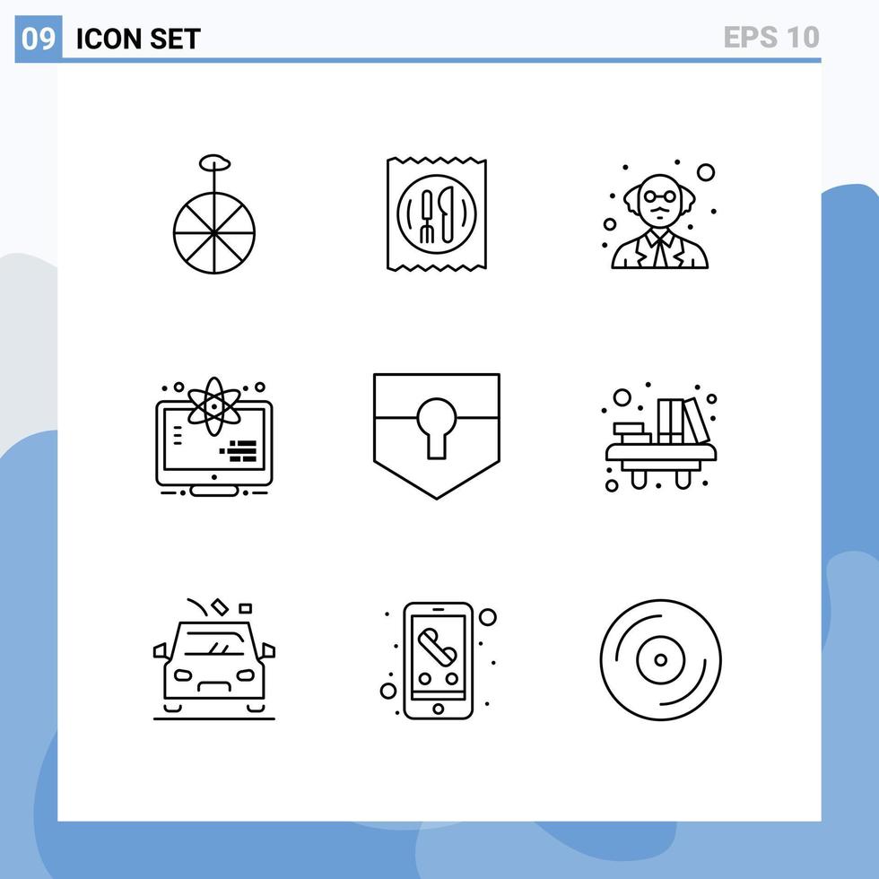 Editable Vector Line Pack of 9 Simple Outlines of shield protect professor key science Editable Vector Design Elements