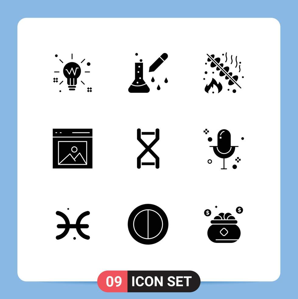Pack of 9 Modern Solid Glyphs Signs and Symbols for Web Print Media such as picture content pipette dropper communication grill Editable Vector Design Elements