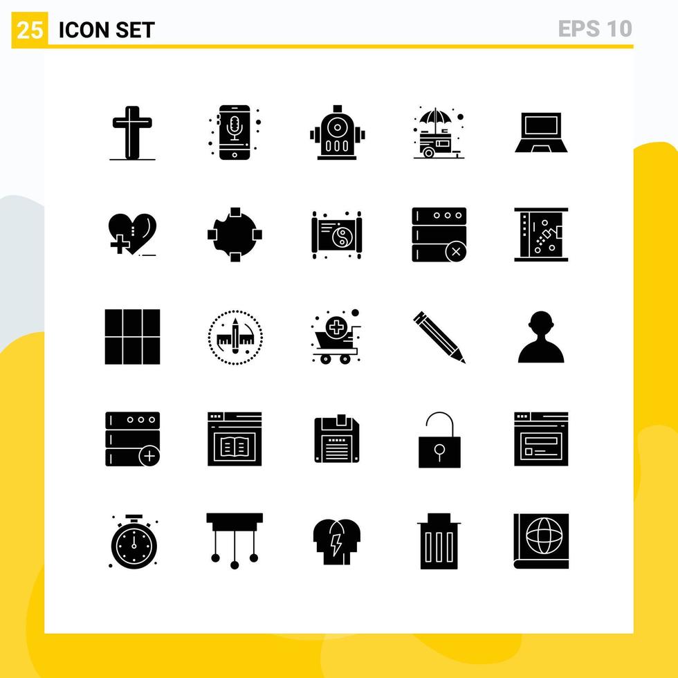 Solid Glyph Pack of 25 Universal Symbols of computers street smartphone stand food Editable Vector Design Elements