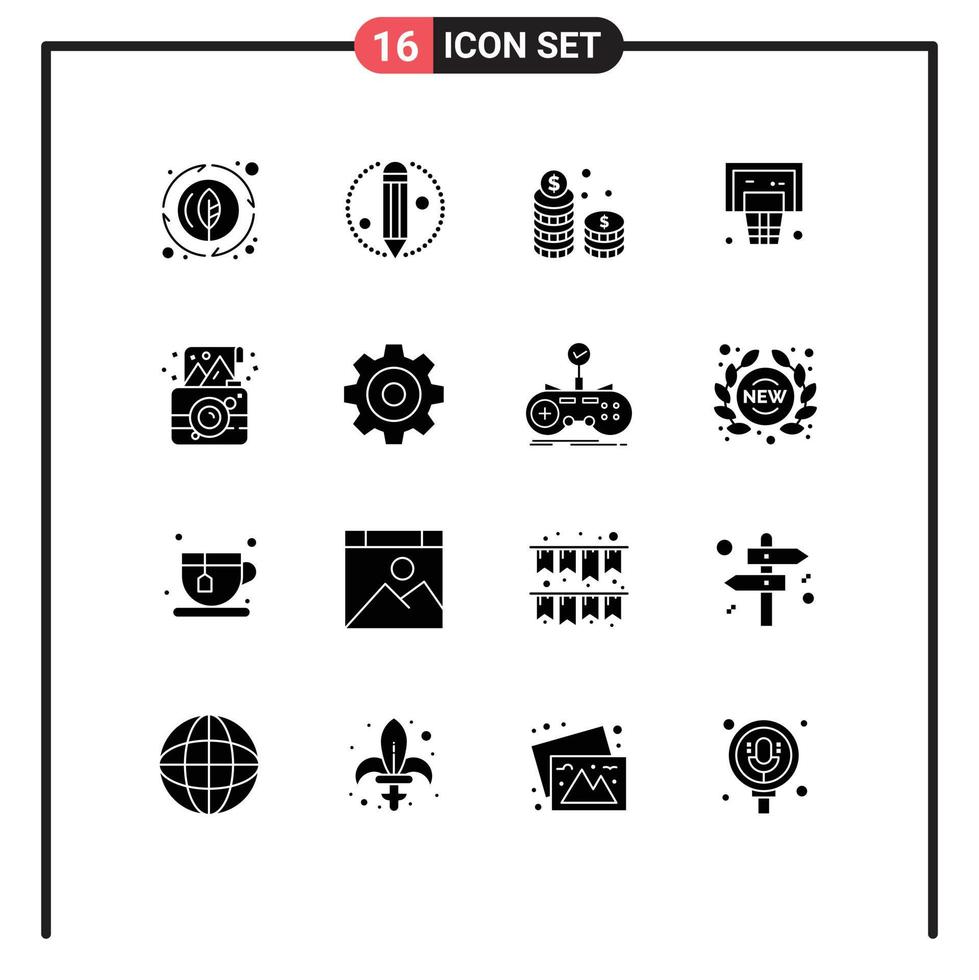 16 User Interface Solid Glyph Pack of modern Signs and Symbols of camera net money hoop basket Editable Vector Design Elements