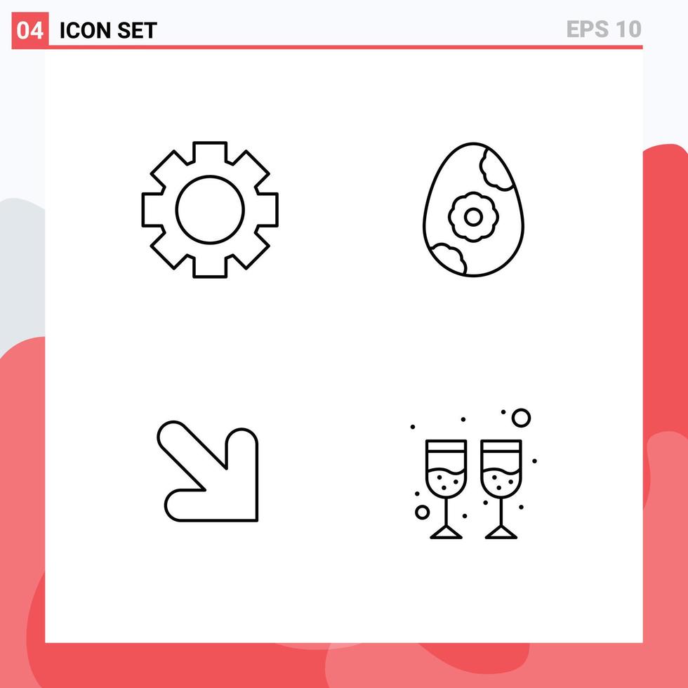 Set of 4 Modern UI Icons Symbols Signs for gear drink egg arrow wine Editable Vector Design Elements