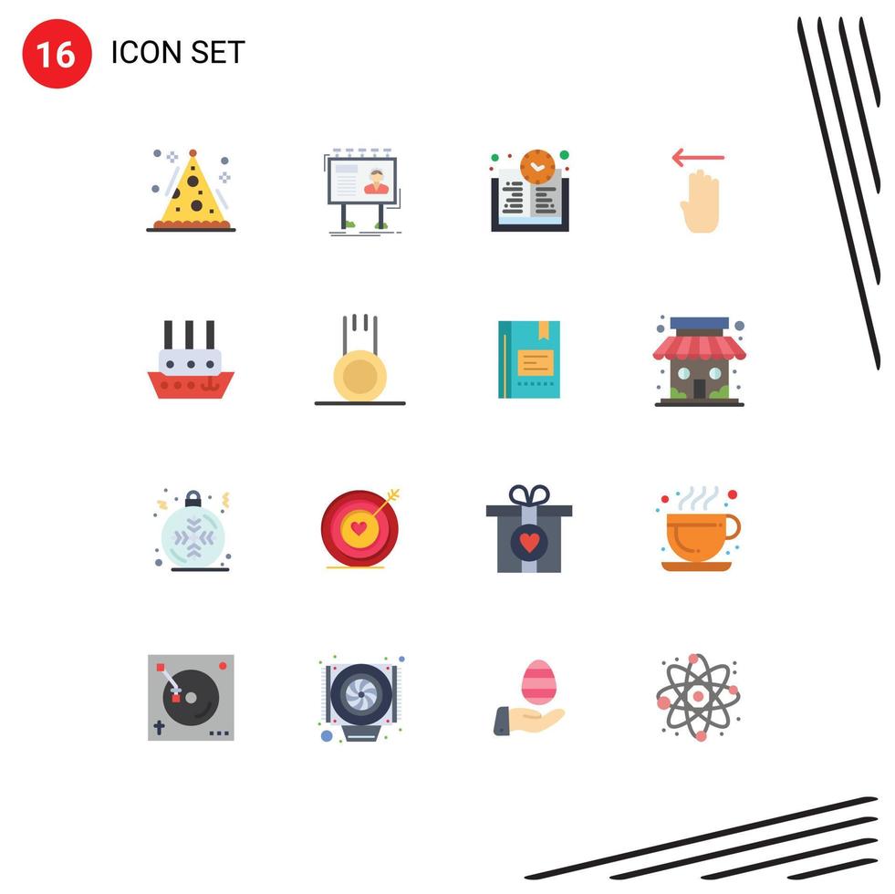 Mobile Interface Flat Color Set of 16 Pictograms of steamboat left board gesture finger Editable Pack of Creative Vector Design Elements