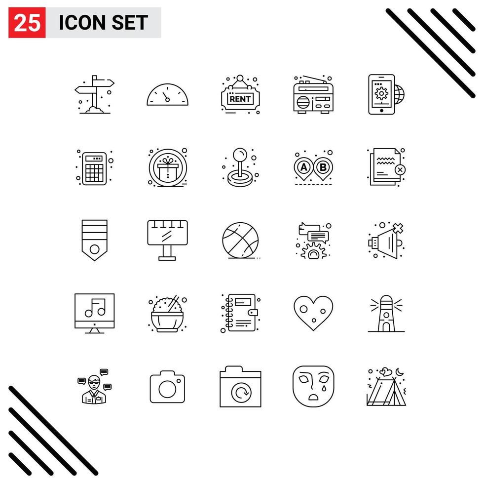 Line Pack of 25 Universal Symbols of globe gear real business news Editable Vector Design Elements