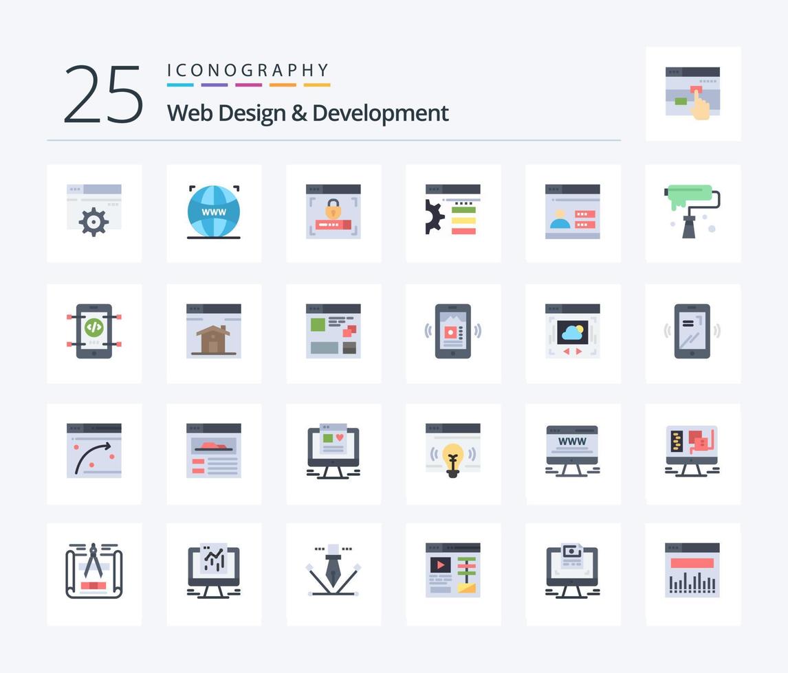 Web Design And Development 25 Flat Color icon pack including security. web. web design. user. setting vector