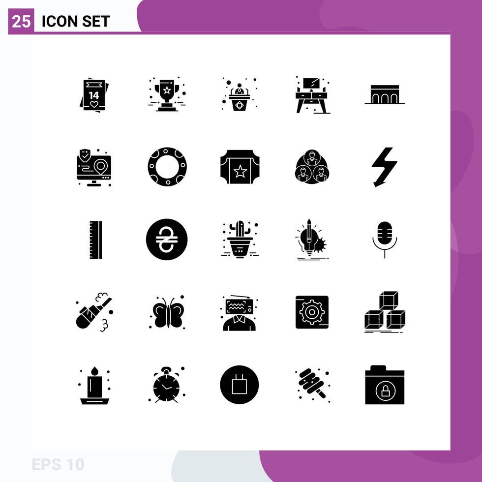 Pack of 25 creative Solid Glyphs of arch screen star living speech Editable Vector Design Elements
