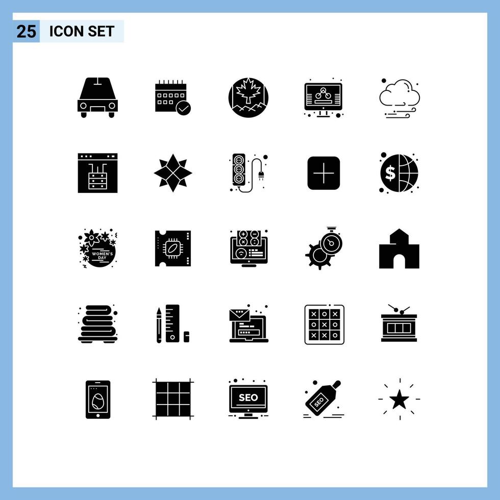 Set of 25 Vector Solid Glyphs on Grid for cloud marketing plan management flag Editable Vector Design Elements