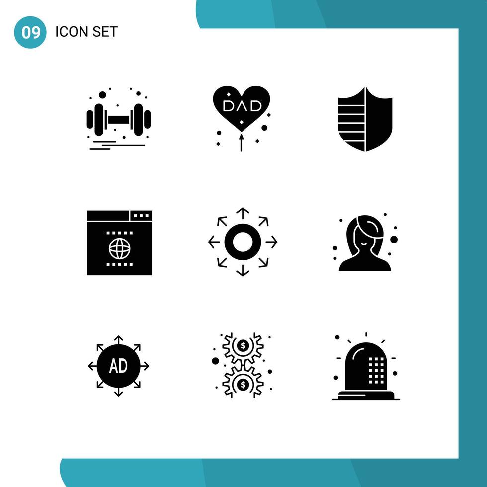 9 Universal Solid Glyph Signs Symbols of data website love seo shield Editable Vector Design Elements
