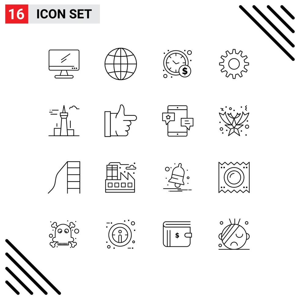 16 Universal Outline Signs Symbols of tower buildings management architecture and city gear Editable Vector Design Elements