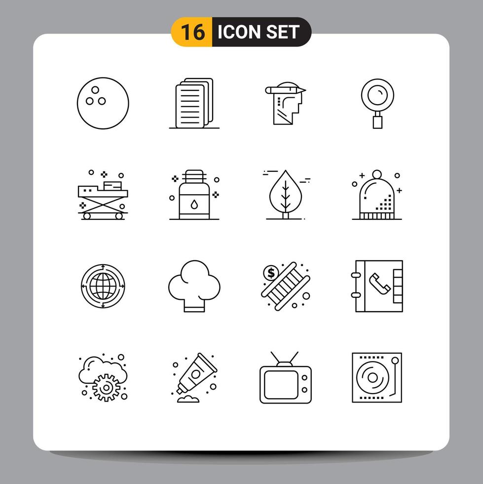 User Interface Pack of 16 Basic Outlines of stretcher medical write doctor search Editable Vector Design Elements