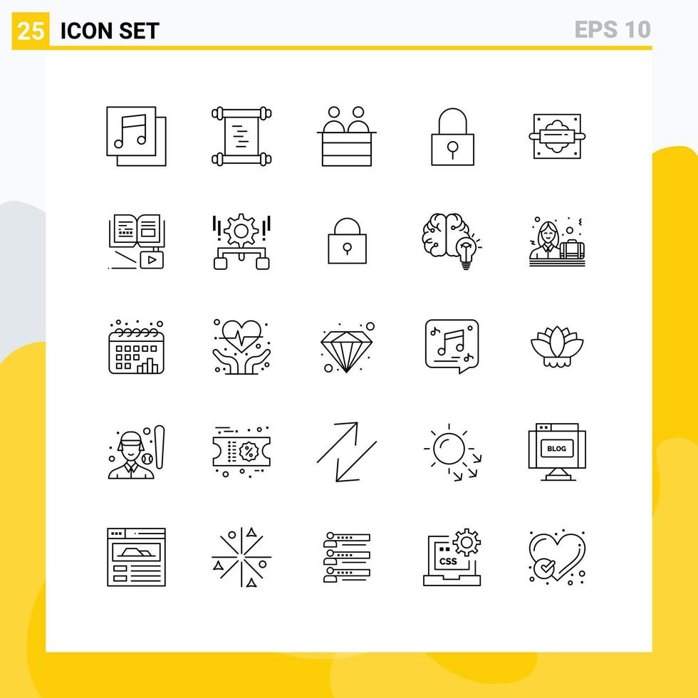 Universal Icon Symbols Group of 25 Modern Lines of kitchen pin jury rolling password lock Editable Vector Design Elements