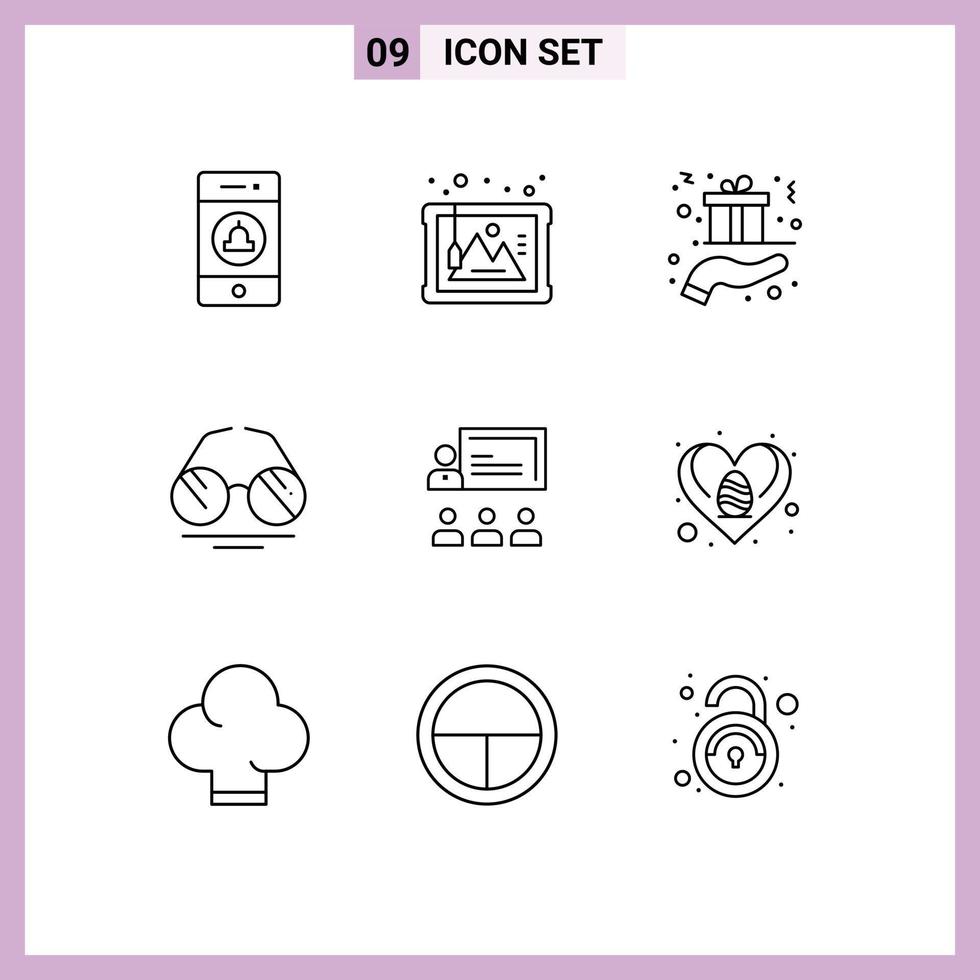 Stock Vector Icon Pack of 9 Line Signs and Symbols for teamwork view christmas eye present Editable Vector Design Elements