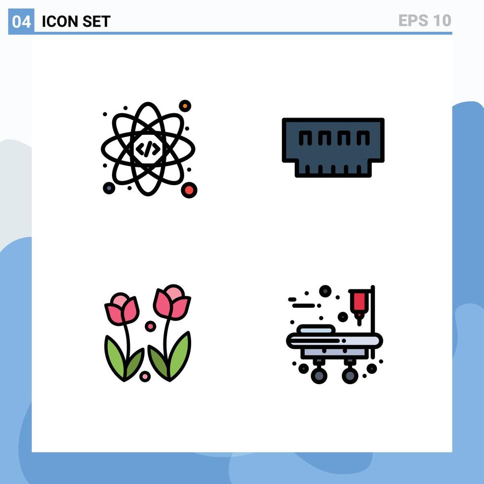 Group of 4 Filledline Flat Colors Signs and Symbols for web flower computers hardware rose Editable Vector Design Elements