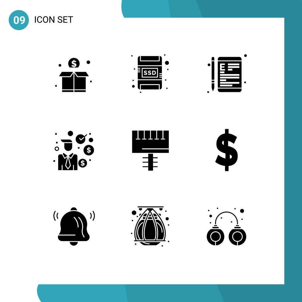 Pack of 9 creative Solid Glyphs of ad investor device investment school Editable Vector Design Elements