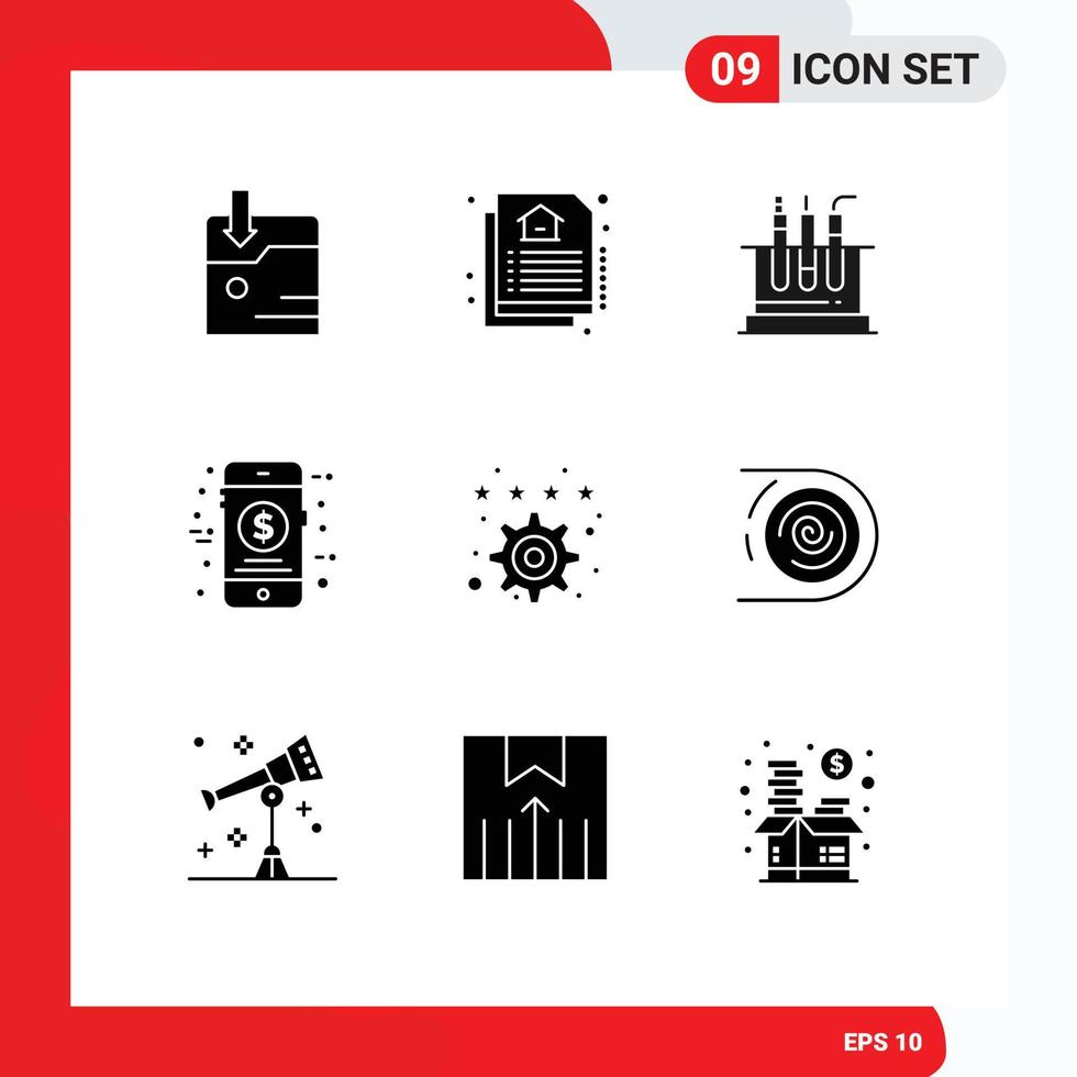 Pack of 9 Modern Solid Glyphs Signs and Symbols for Web Print Media such as settings favorite lab bookmark shop Editable Vector Design Elements