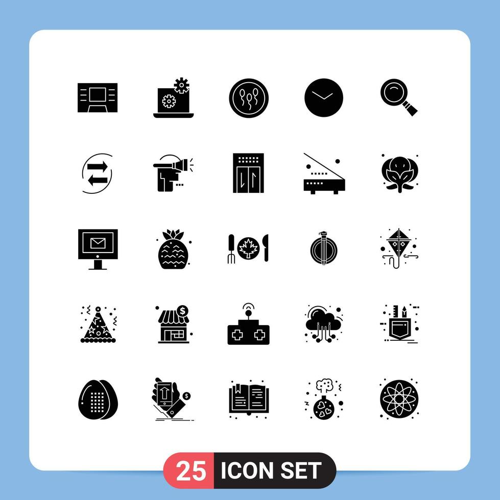 25 User Interface Solid Glyph Pack of modern Signs and Symbols of search look laboratory glass time Editable Vector Design Elements