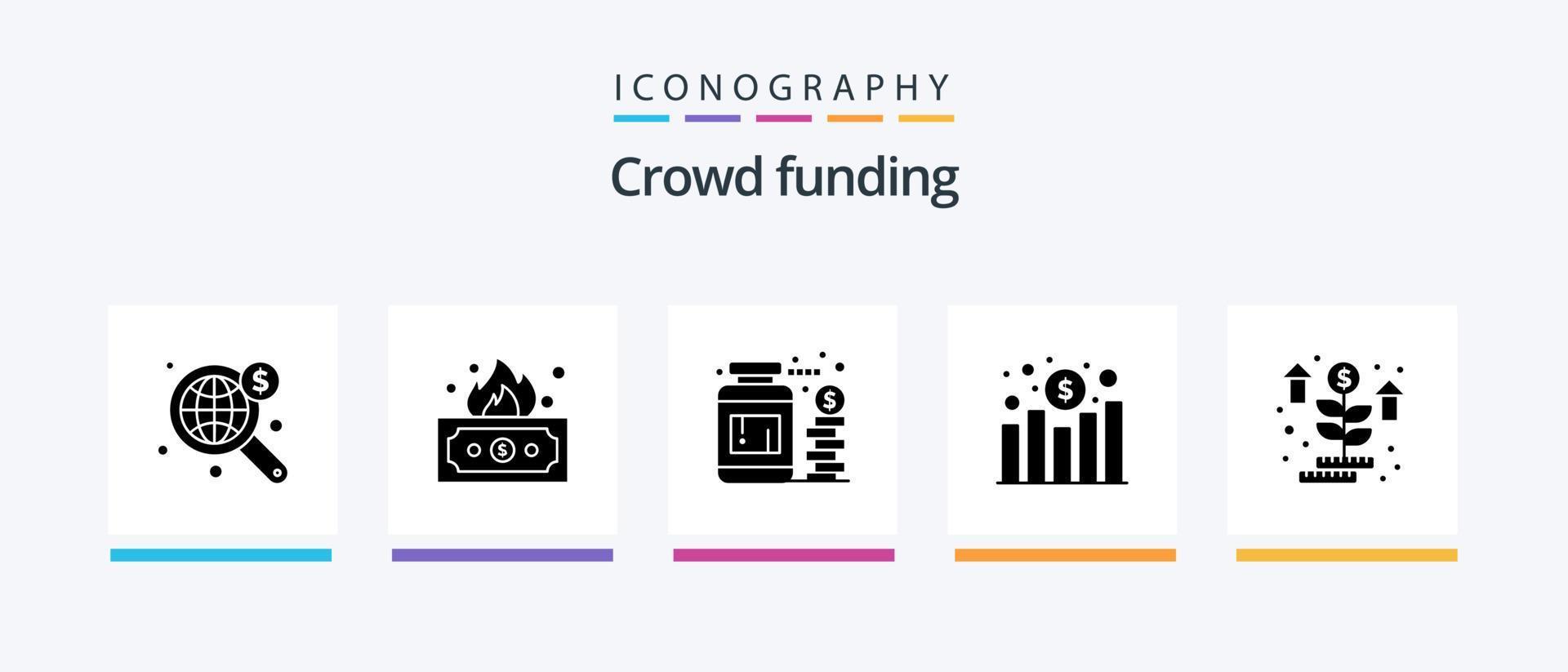 Crowdfunding Glyph 5 Icon Pack Including money. revenue. currency. profit. chart. Creative Icons Design vector