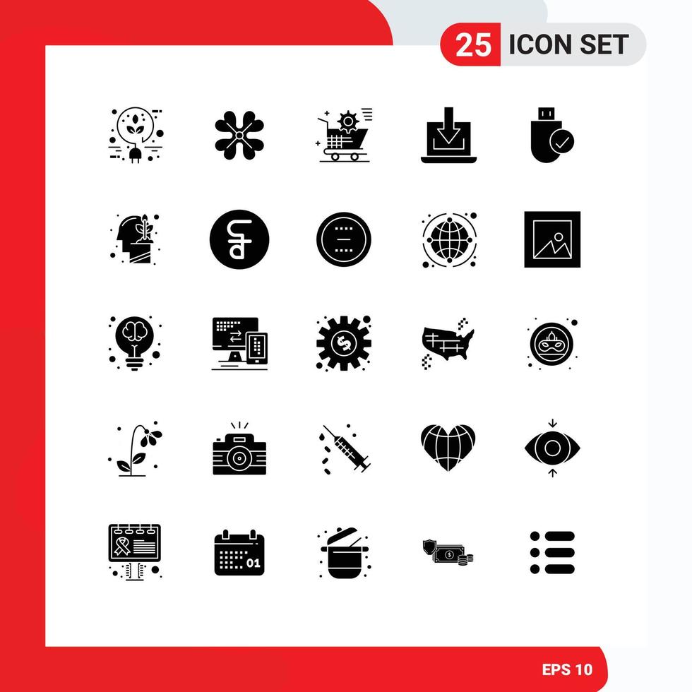 Solid Glyph Pack of 25 Universal Symbols of computers down cart arrow store Editable Vector Design Elements