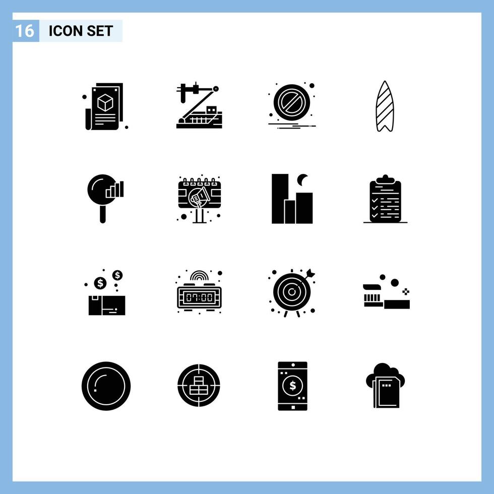 Group of 16 Solid Glyphs Signs and Symbols for find surfboard medical sports warning Editable Vector Design Elements