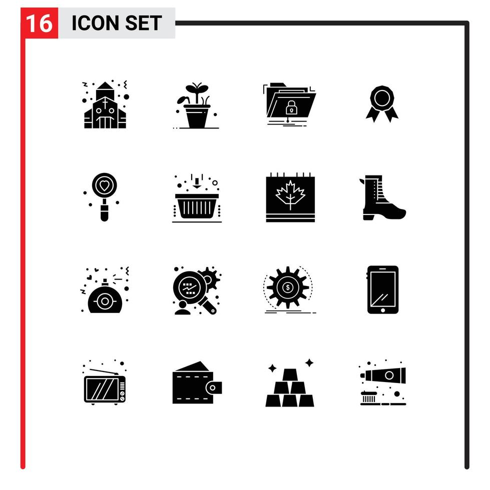User Interface Pack of 16 Basic Solid Glyphs of heart medal files frame badge Editable Vector Design Elements