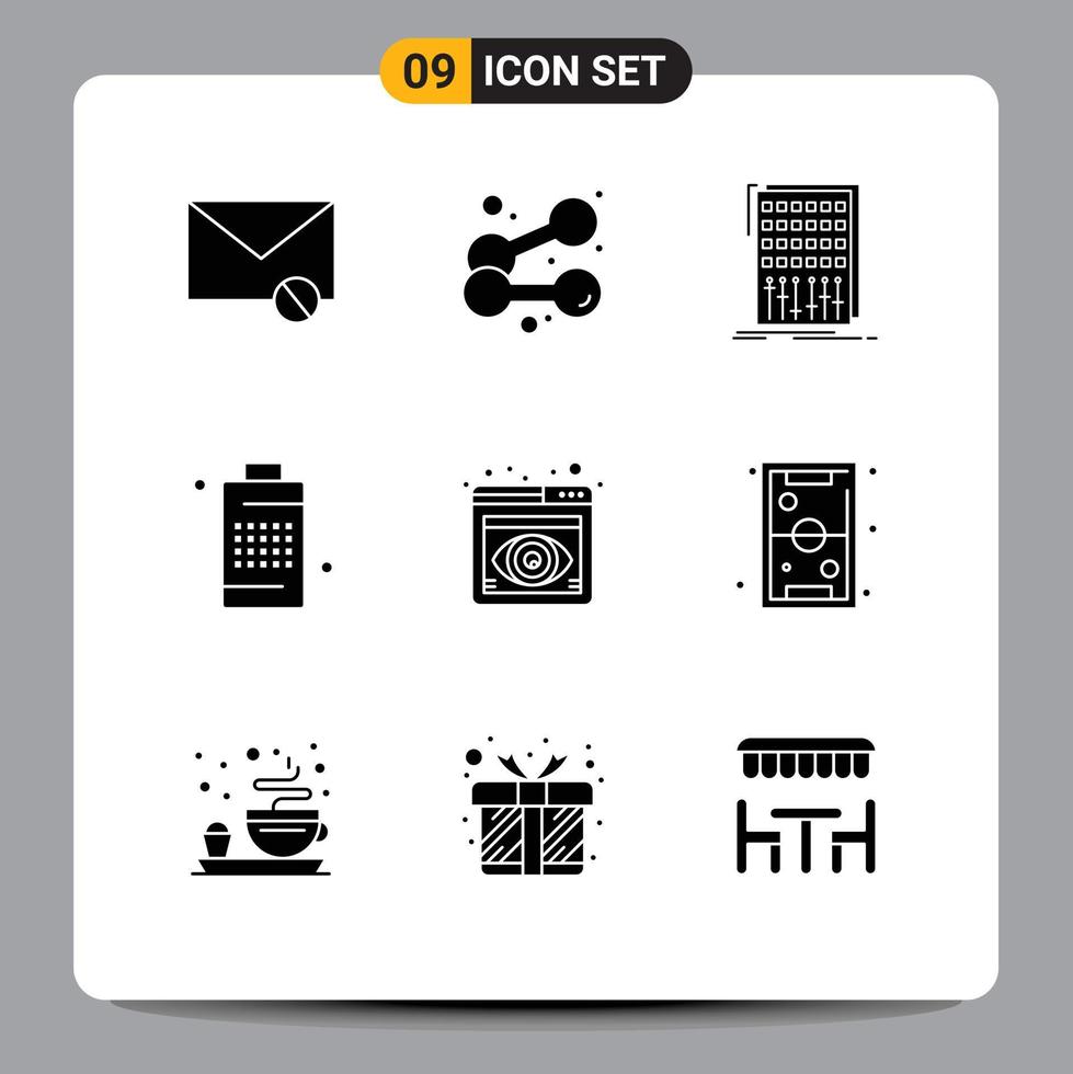 9 Universal Solid Glyphs Set for Web and Mobile Applications phone cell weightlifting battery mixer Editable Vector Design Elements