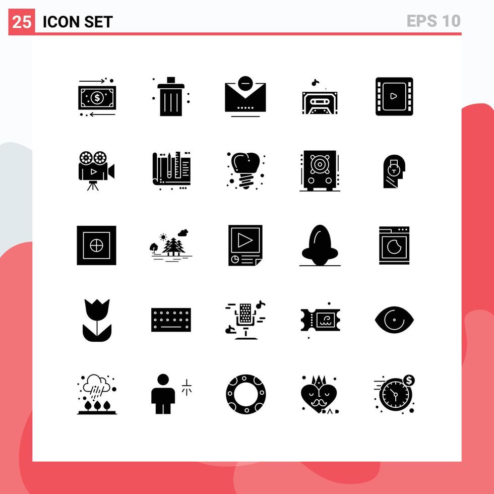 Modern Set of 25 Solid Glyphs and symbols such as cinematography cienma tape remove tape music Editable Vector Design Elements