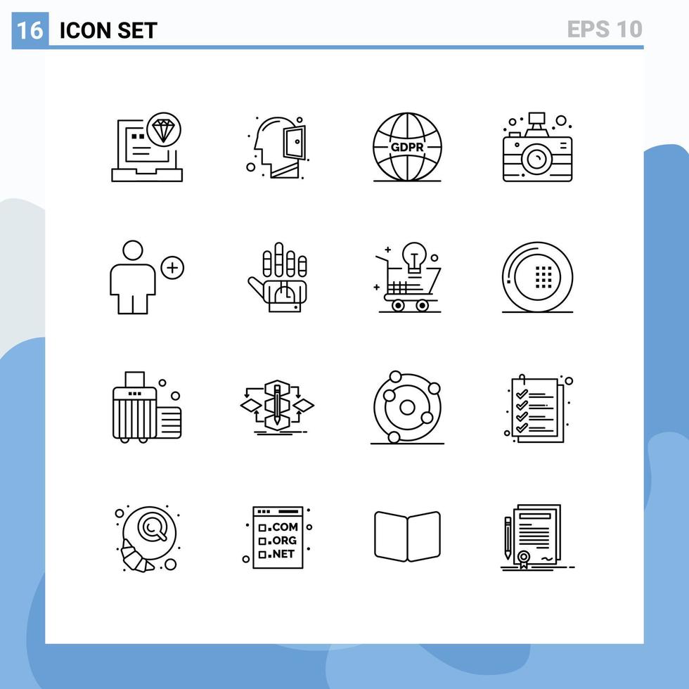 Pack of 16 Modern Outlines Signs and Symbols for Web Print Media such as add media thinking communication network Editable Vector Design Elements