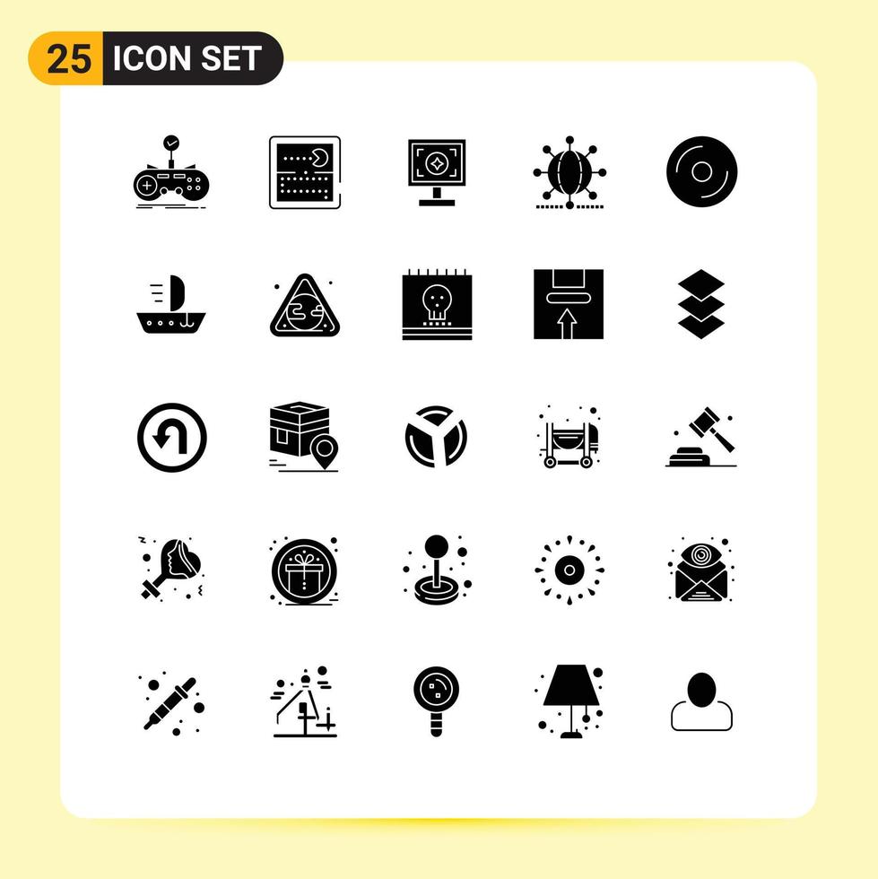 25 Universal Solid Glyphs Set for Web and Mobile Applications world network play global print Editable Vector Design Elements