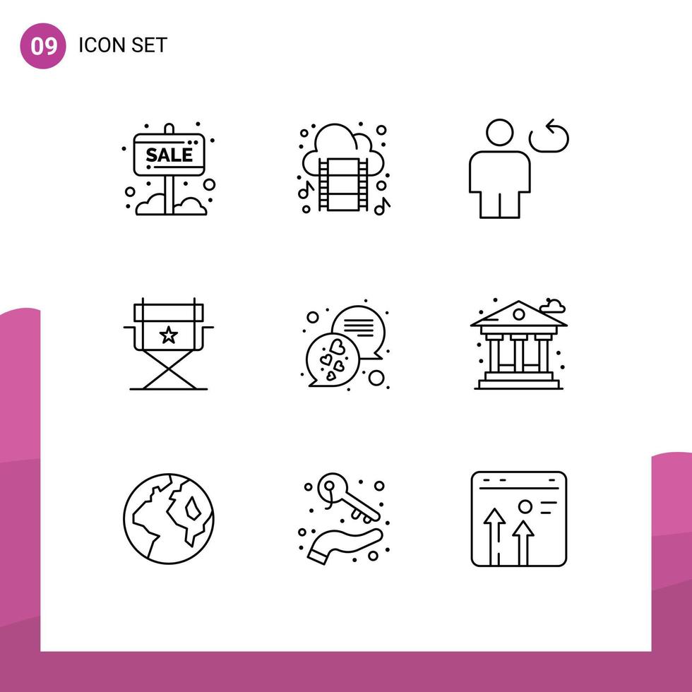 Mobile Interface Outline Set of 9 Pictograms of chat cinema music chair loop Editable Vector Design Elements