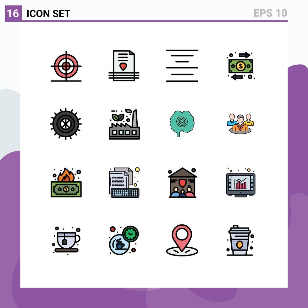 16 User Interface Flat Color Filled Line Pack of modern Signs and Symbols of tire money wedding flow flow Editable Creative Vector Design Elements