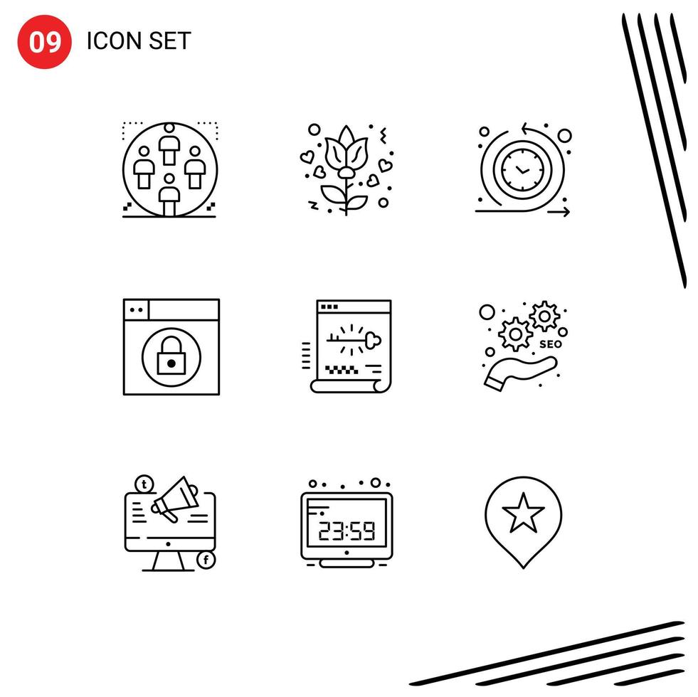 Pictogram Set of 9 Simple Outlines of login key cycle time lock web Editable Vector Design Elements