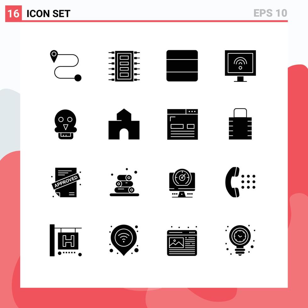 Solid Glyph Pack of 16 Universal Symbols of man skull of death stack skull smart Editable Vector Design Elements