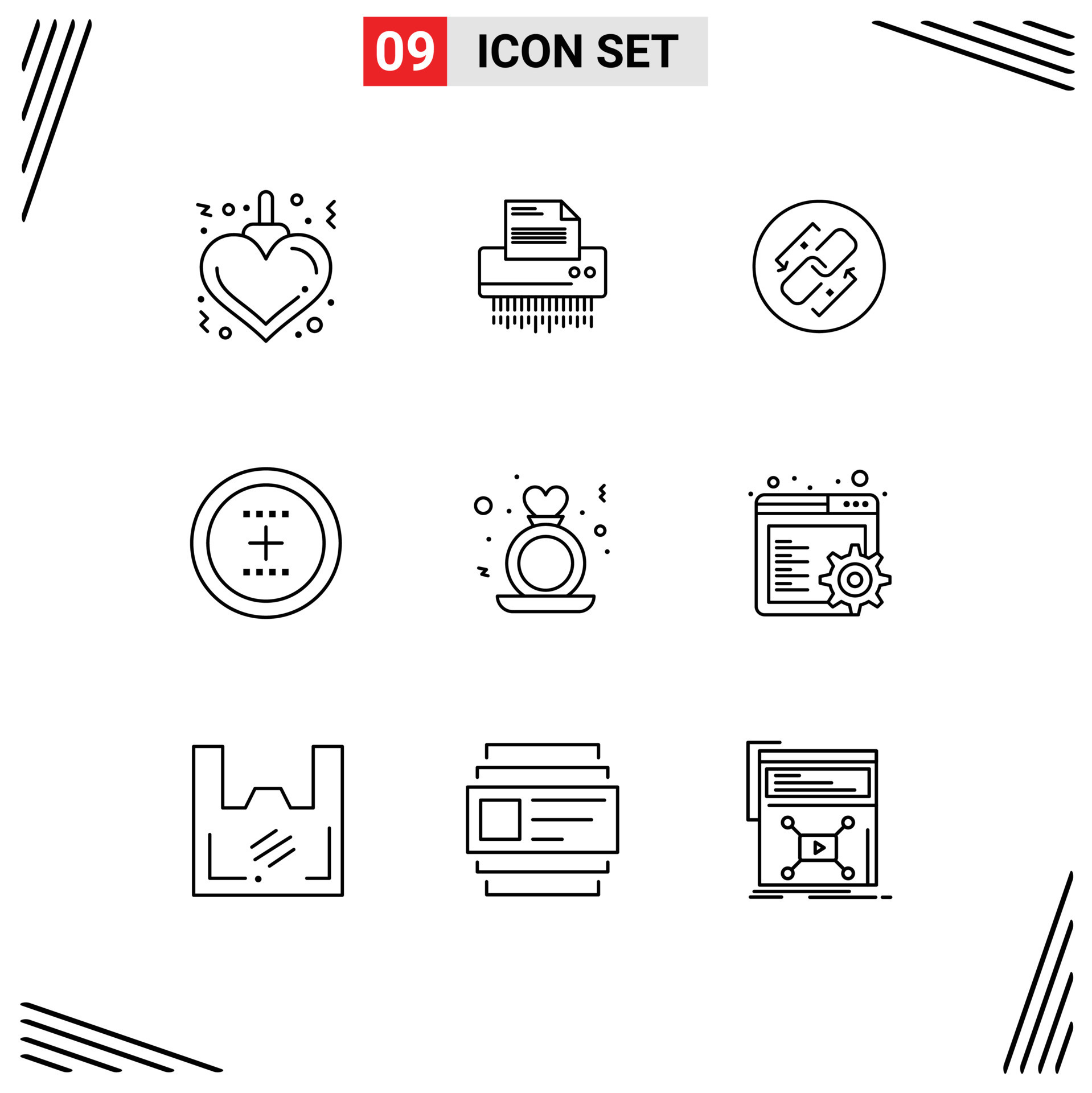 Editable vector line pack of 9 simple outlines of interface add office