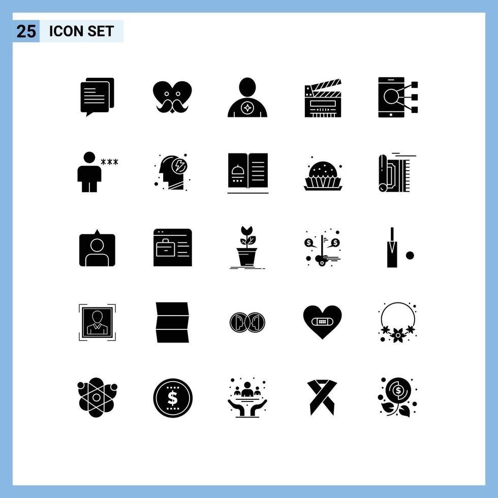 Pictogram Set of 25 Simple Solid Glyphs of connect film body clip movie Editable Vector Design Elements