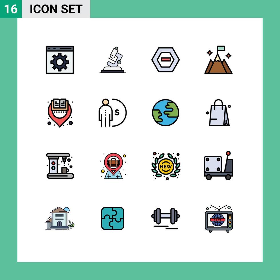 16 User Interface Flat Color Filled Line Pack of modern Signs and Symbols of library interface hexagon user mountain Editable Creative Vector Design Elements