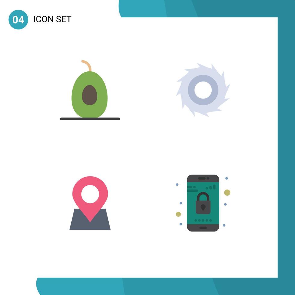 Set of 4 Vector Flat Icons on Grid for avocado pin cutter location lock Editable Vector Design Elements