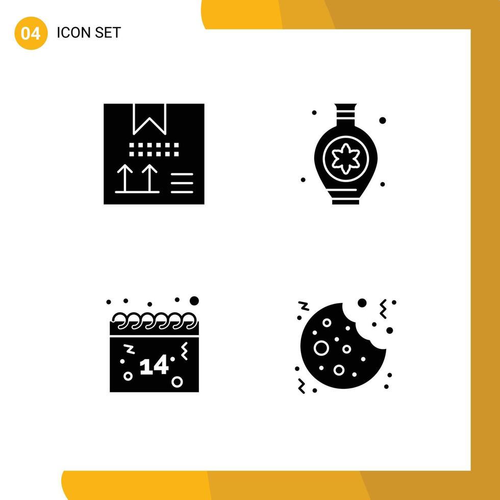 Pack of 4 Modern Solid Glyphs Signs and Symbols for Web Print Media such as box date development hobbies valentines Editable Vector Design Elements