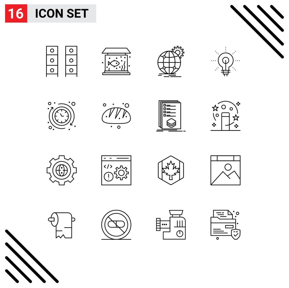 Pack of 16 Modern Outlines Signs and Symbols for Web Print Media such as insight glow tank bulb world wide Editable Vector Design Elements
