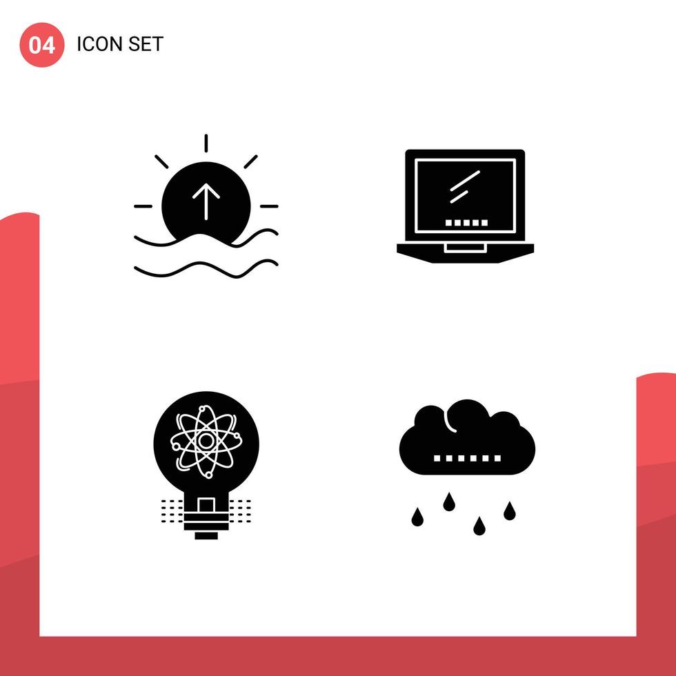 Group of 4 Modern Solid Glyphs Set for day laptop shine monitor innovation Editable Vector Design Elements