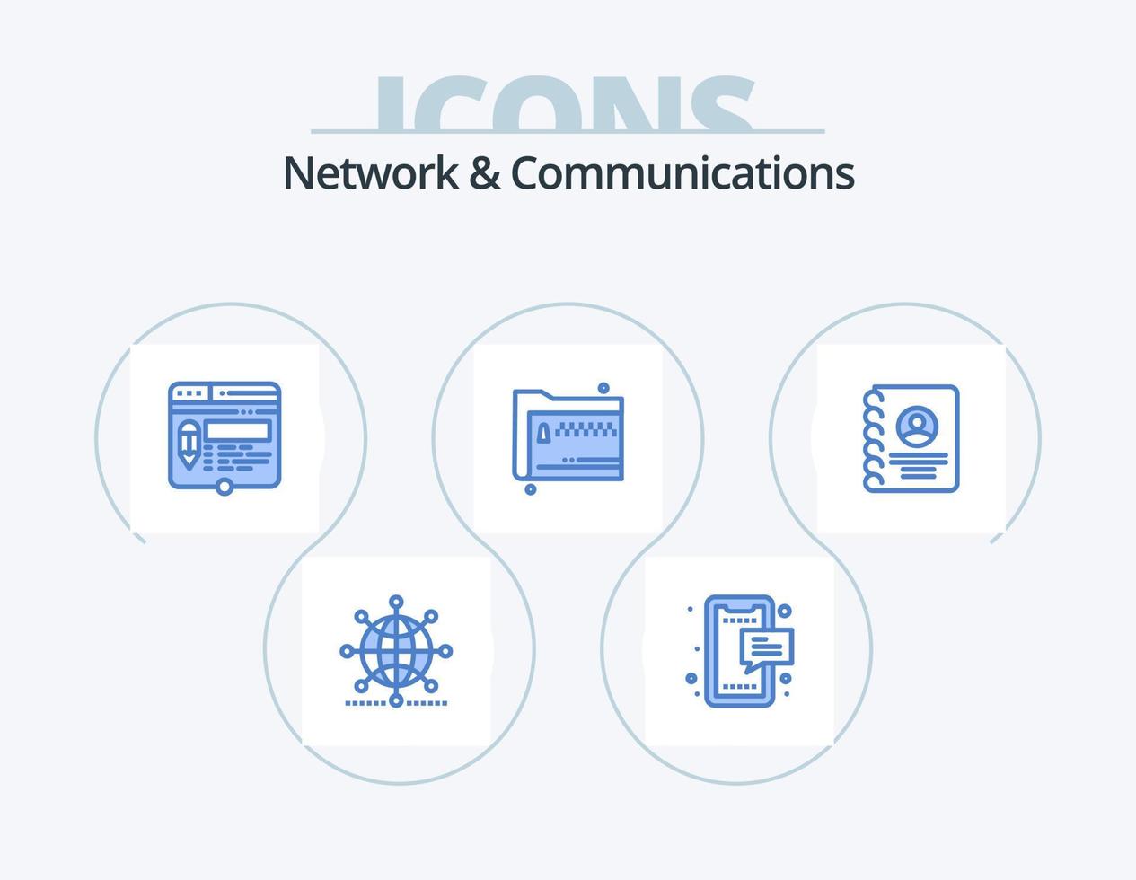 Network And Communications Blue Icon Pack 5 Icon Design. files. folder. mobile. pencil. page vector