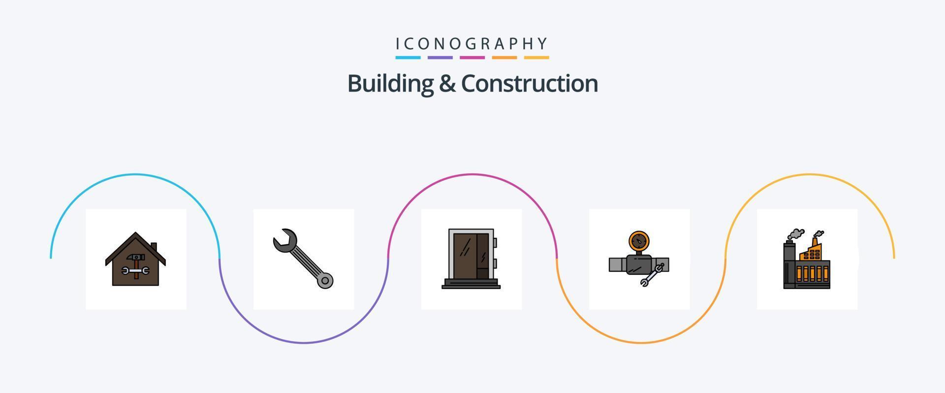 edificio y construcción línea lleno plano 5 5 icono paquete incluso edificio. reparar. edificio. construcción. ventana vector