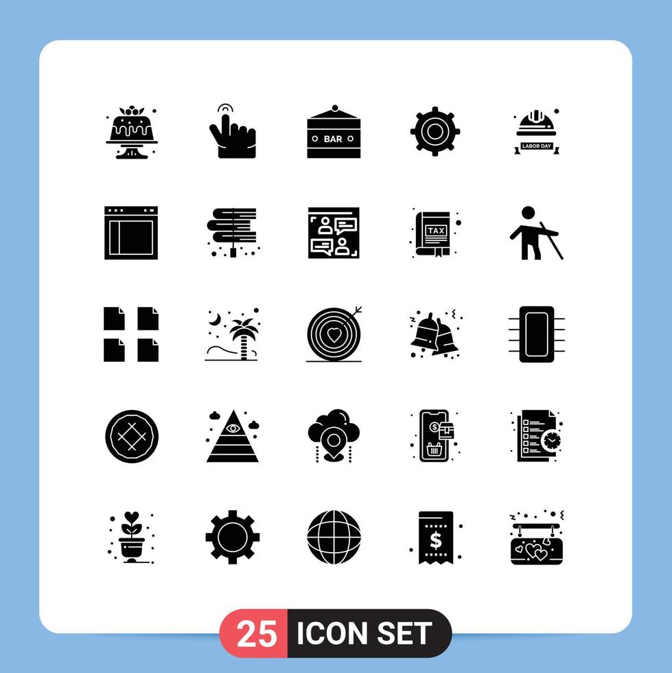 25 User Interface Solid Glyph Pack of modern Signs and Symbols of hard cap cogs bar setting food and drink Editable Vector Design Elements