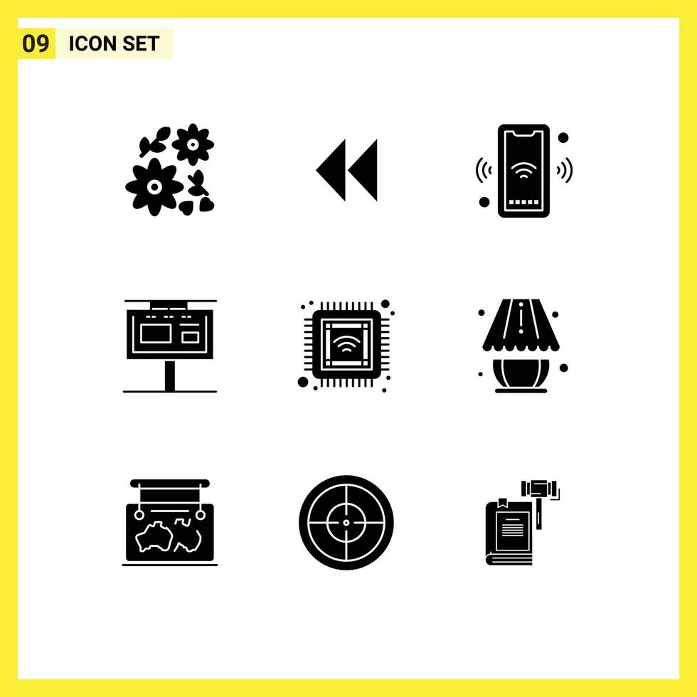 Pictogram Set of 9 Simple Solid Glyphs of chip advertising signal sign board board Editable Vector Design Elements