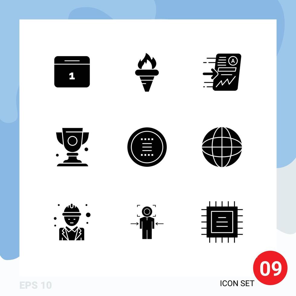 Pack of 9 creative Solid Glyphs of trophy cup olympic achievement progress Editable Vector Design Elements